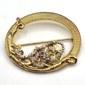 Miriam Haskell Seed Pearl Gold Tone Oval Brooch 2in
